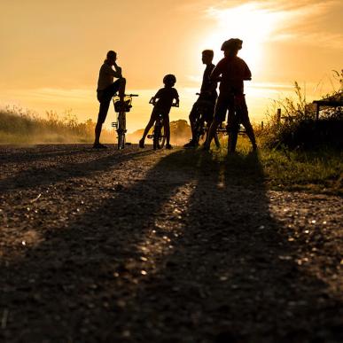 Familie im Radurlaub bei Sonnenuntergang in Dänemark